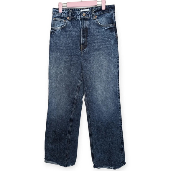 ZARA Straight Leg High Rise Destressed Blue Denim Women  Eur 40 USA 08 - Picture 1 of 11